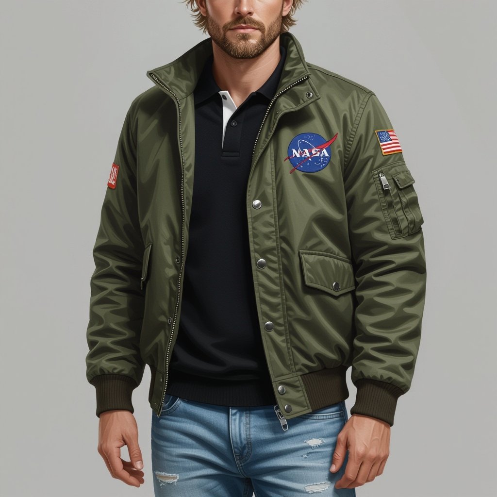 man with Dirty Blonde Unkempt Hair and Goatee. Astronaut Flight Jacket Black And White Polo and Light blue denim jeans with red sneakers