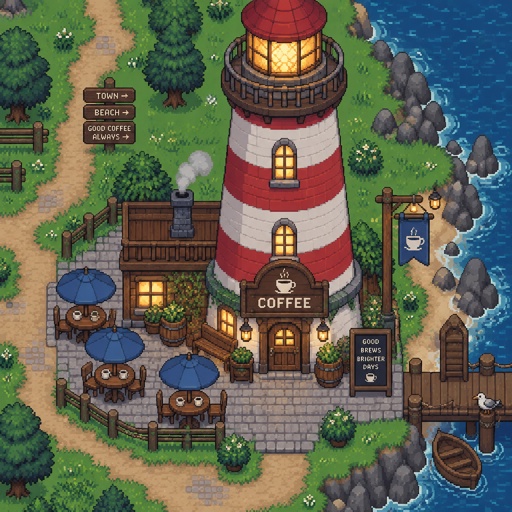 Coffee shop made from a lighthouse for a fantasy game set in modern times, exterior, top-down style
