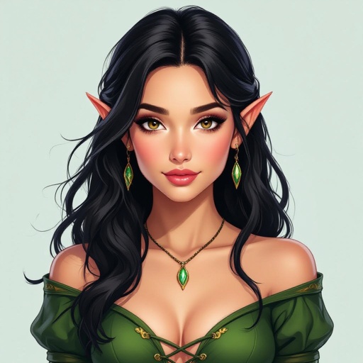 A elf women in her early thirties with black hair and brown eyes