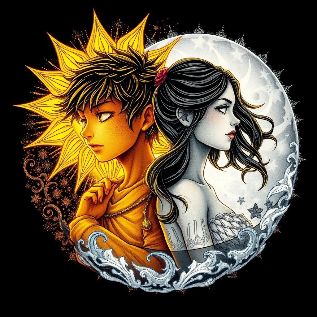 Once in a boy, once in a girl, one of them has sun powers, one of them has moon powers and they are 14