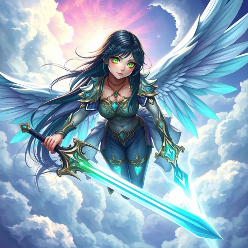 A teenage girl. Pale skin, glowing emerald eyes, angelic wings and a two-piece godlike clothing. Hair as black as coal with cyan tips holding a legendary sword flying above the clouds