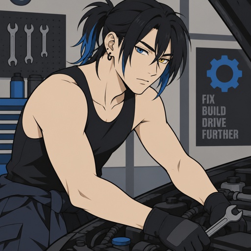 Male, Asian, black ponytail with side bangs on one side blue tips, one blue eye one yellow eye, ear piercing, mechanic, tank top, pale