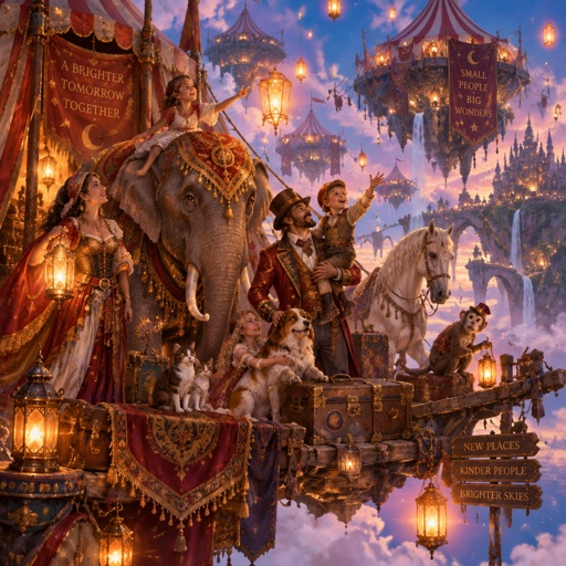 Zirkus Artisten  mit ihren Kindern und ihren Tieren und ihren Sachen 
