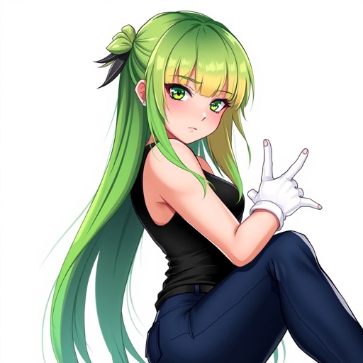 Green hair, blonde bangs, green eyes, black sleeveless top, midnight blue Jeans and white fingerless gloves