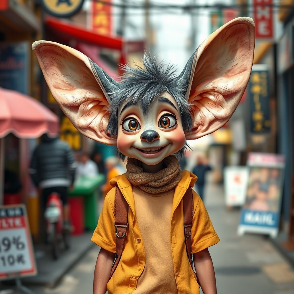 Create a funny human who has big ears , show entire body head to toe 
