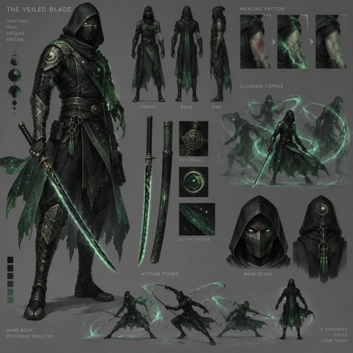 assassin green shiny cosmos color mostly black, healing factor, illusionist, katana