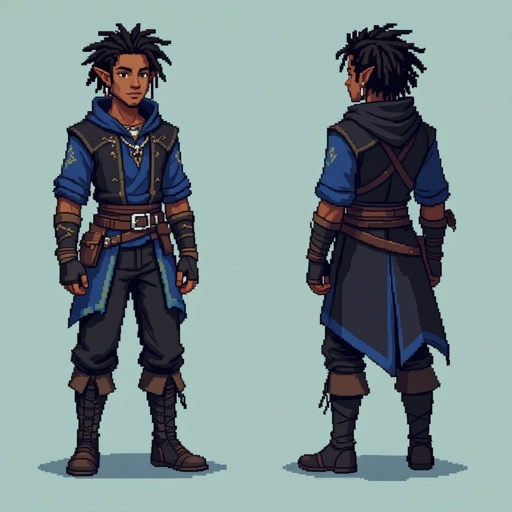 A 19 year old half human and half elf black man with short dreads wearing black and blue and brown eyes