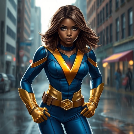 A teenage African American female superhero with shoulder length brown hair with light brown highlights in a side part style wearing a blue gold and silver suit with blue pants and gold boots with a utility belt and a stylized V as her chest symbol standing in Philadelphia while it rains