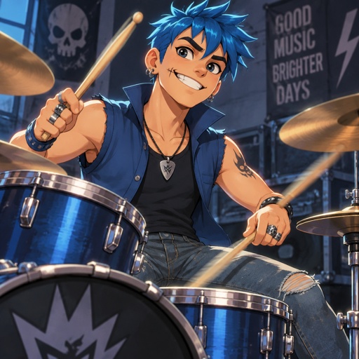 male undercut spiked up blue hair, scar on mouth, large eyes, ear piercings, rings, bracelet, blue shirt upturned collar sleeveless, jeans, necklace, smile, playing drums,