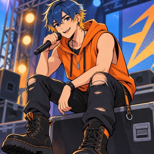 male straight blue hair yellow tips, bangs, orange sleeveless hoodie, ripped pants, boots, smiling, dark blue eyes, singing