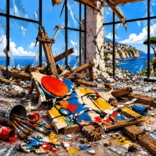 a room with a lot of paint and debris on the floor