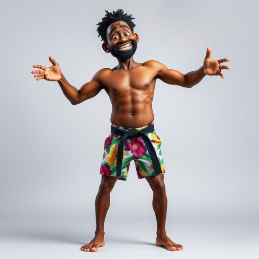 Create a character who looks like a funny African karate guy who doesn’t have a clue what he is doing. Make him have weird toes, only speedos on and a black karate belt.