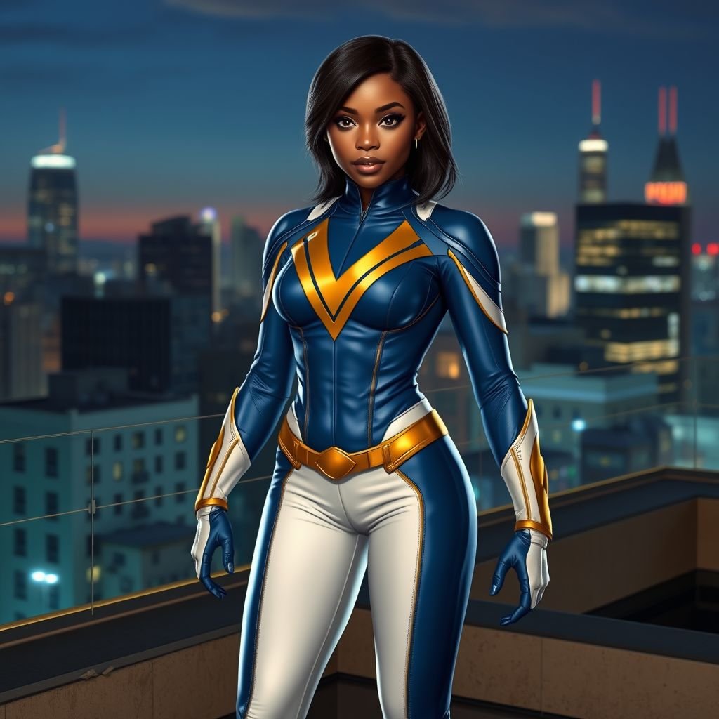 A young African American female superhero with shoulder length hair in a side part style wearing a blue and white suit made of a leather like spandex material with gold accents with white pants and gold boots with a stylized V as her chest emblem standing ona roof in a Philadelphia at night