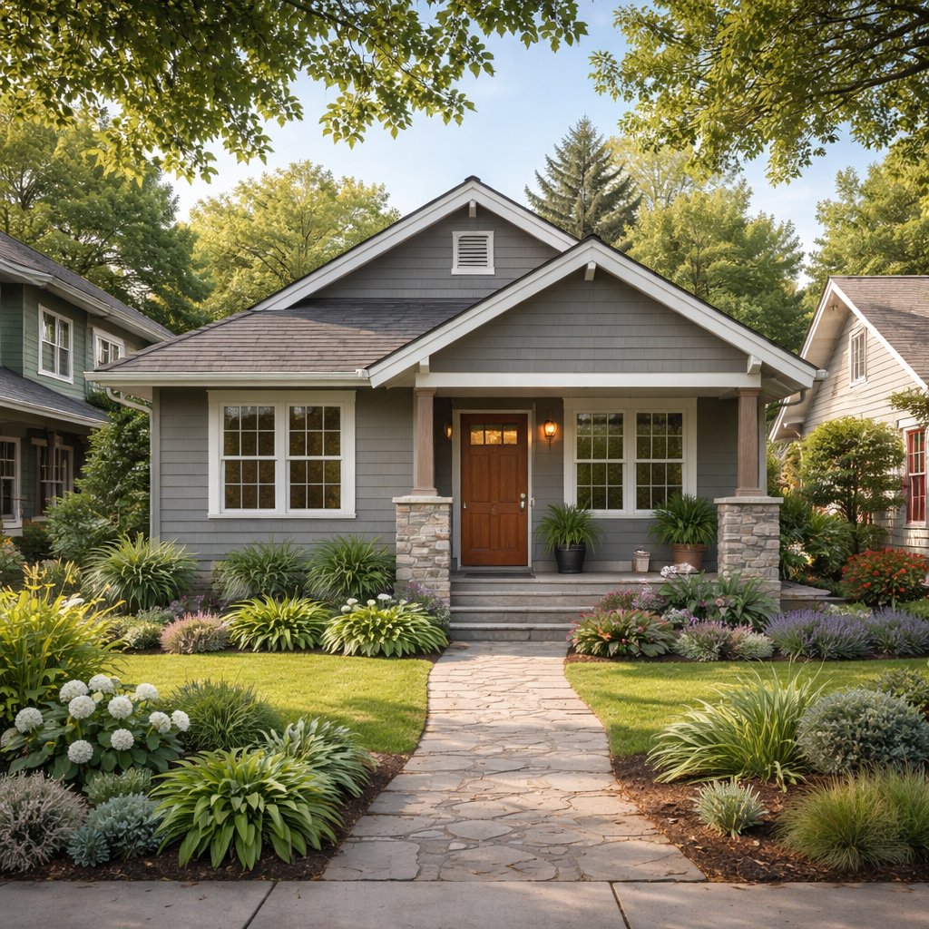 A gray one story house that has neighbors on both sides of the house.