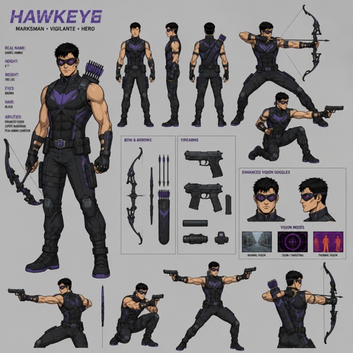 Male superhero with enhanced vision, goggles, marksmanship, bow and arrows,guns, multiple of the same character 