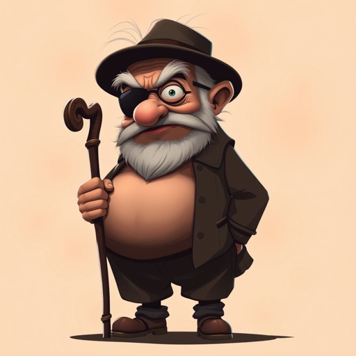 Create a grouchy funny old character who has 1 eye patched. Make him fat with a cane. Show his whole character head to toe in image 