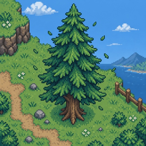 * Sky Pine — tall pine with floating needles or small particles around it for a fantasy game set in modern times, in all the seasons, top down style,