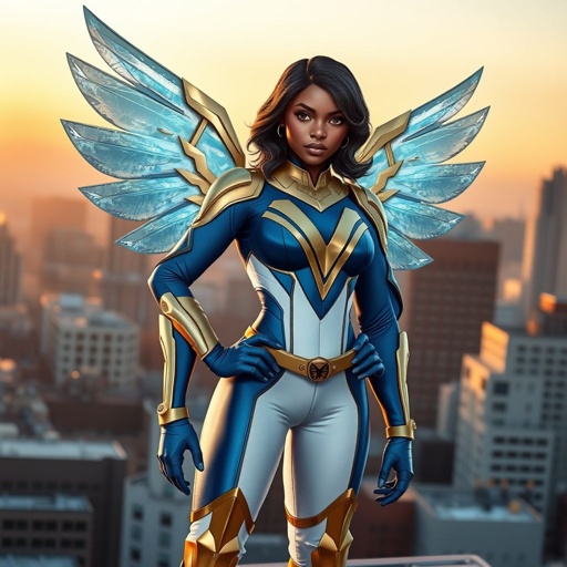 A young African American female superhero with shoulder length hair in a side part style wearing a blue and white suit made of spandex like material that’s slightly armored with gold accents with white pants and gold boots with a stylized V as her chest emblem with wings made of water standing on a roof in a Philadelphia at dawn