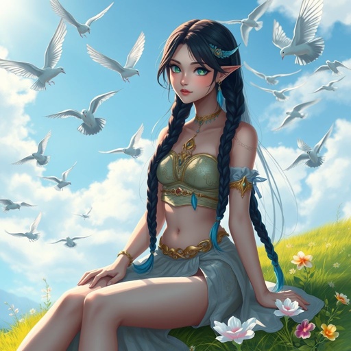 A young female with fair skin and vibrant teal eyes. Black hair with cyan tips in the form of two long braids. Wearing a two-piece goddess outfit (specifically top and trousers exposing a small amount of stomach) sitting on a hill watching pigeons fly from a very far distance