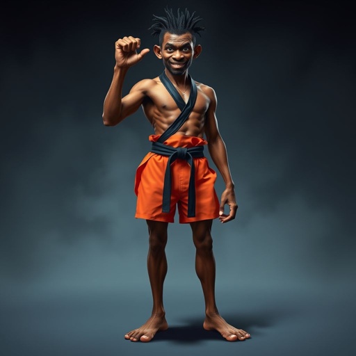 Create a character who looks like a funny African karate guy who doesn’t have a clue what he is doing. Make him have weird toes, only speedos on and a black karate belt. Make him tal skinny and slinky.