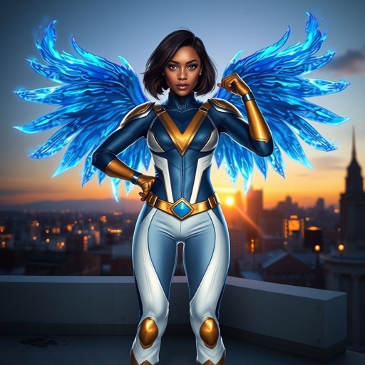 A young African American female superhero with shoulder length hair in a side part style wearing a blue and white suit made of spandex like material that’s slightly armored with gold accents with white pants and gold boots with a stylized V as her chest emblem with wings made of blue fire standing on a roof in a Philadelphia at dawn