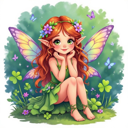 Orange green purple blue fairy girl clover