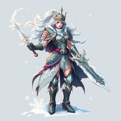 Create a battle woman hero called Alvara the Frostheart. Show full body head to toe including shoes