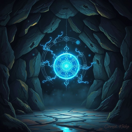 Magical ball of blue light floating in a cave by itself with nothing else around it