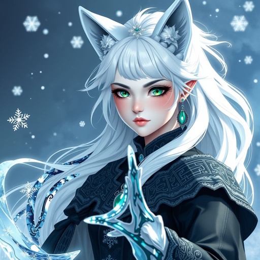 A pale teenage girl. Hair as white as snow with cyan tips, emerald eyes and small fox ears wearing mystic royal black top and trousers conducting ice (Russian themed)
