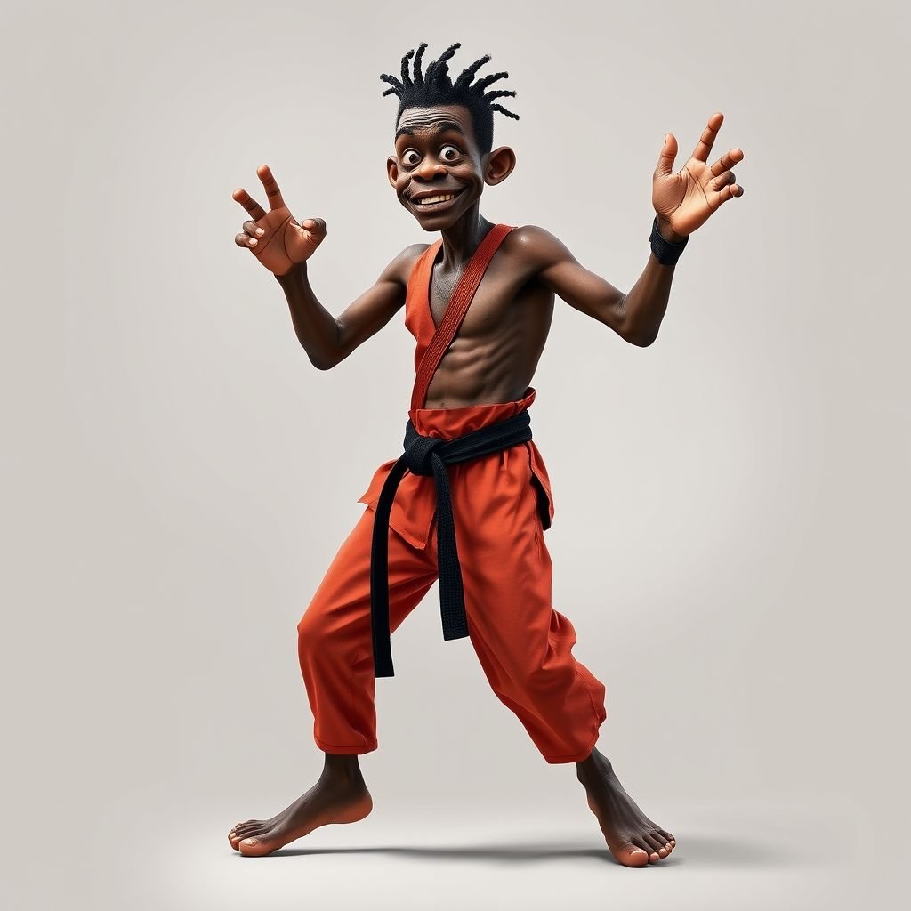 Create a character who looks like a funny African karate guy who doesn’t have a clue what he is doing. Make him have weird toes, only speedos on and a black karate belt. Make him tal skinny and slinky.