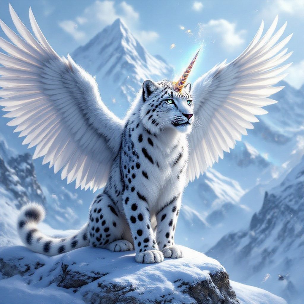 Snow leopard with unicorn horn and wings 
