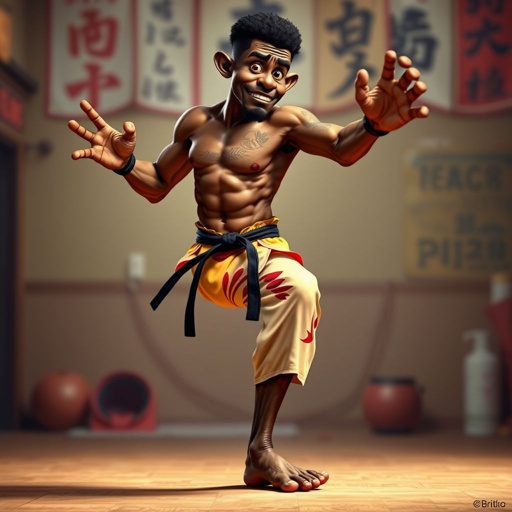 Create a character who looks like a funny African karate guy who doesn’t have a clue what he is doing. Make him have weird toes, only speedos on and a black karate belt. Make him tal skinny and slinky.