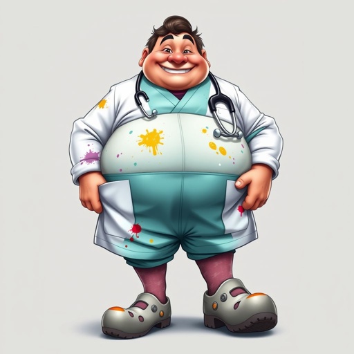 create a fat doctor. Who is funny human looking from head to toe. And he always immediately results to surgery for anything even small things. So please be sure to show his whole outfit head to toe. Make him have butt tooth 