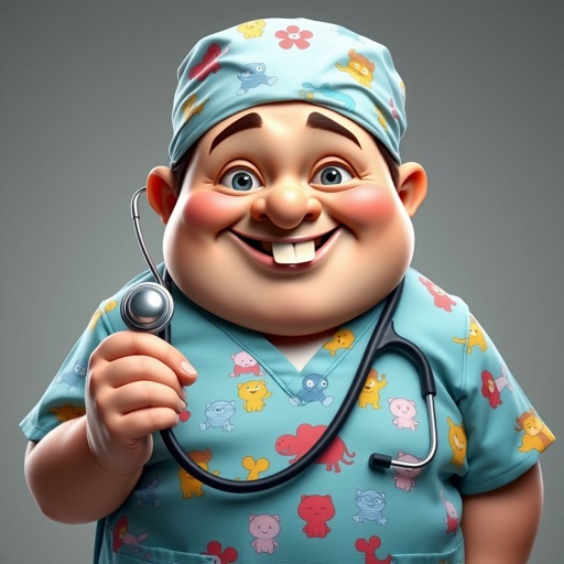 create a fat doctor. Who is funny human looking from head to toe. And he always immediately results to surgery for anything even small things. So please be sure to show his whole outfit head to toe. Make him have 1 tooth