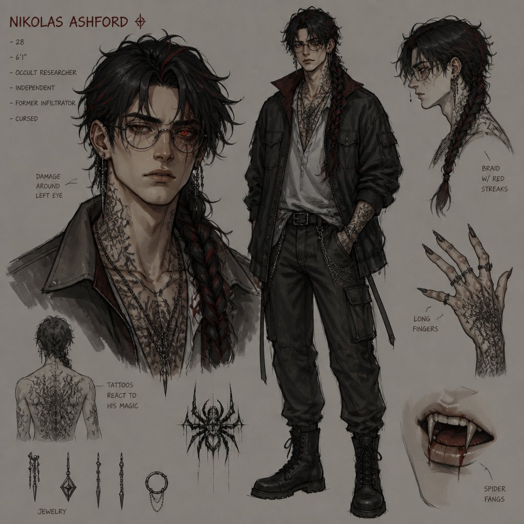 Anime male in his 20s part Asian part white,dark red streaks of black hair messy in a braid clean shaven wearing a loose jacket,is highly skilled,late 20s,tall,migraines,sarcastic ,red glowing eyes,one eye is damaged serious face has been experiment on,hates people,has power,dangerous hates being told what to do, glasses,loves spiders,earrings tattoos,agrees to help people but on his terms or for a price hard to figure him out doesn’t remember anything from his past before the experiment,long scary fingers,spider fangs, trauma