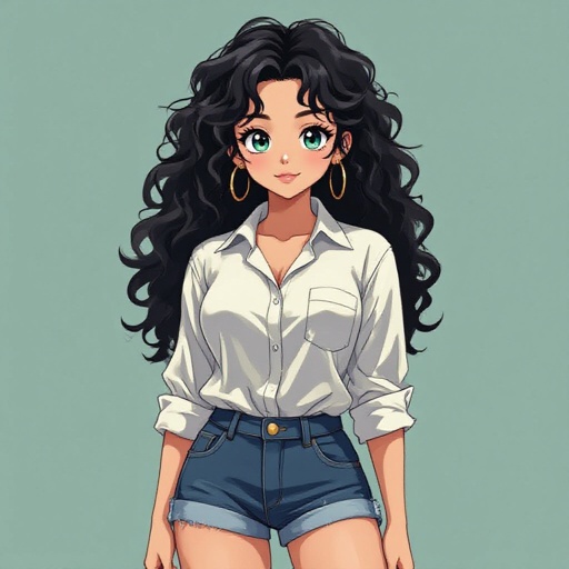 Team Rocket Grunt. Caucasian Black Curly Frizzy Hair. Baggy button up Worn loose and over her waist