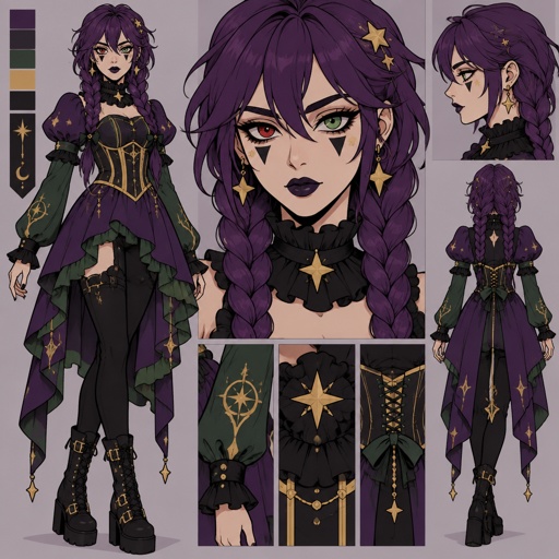 Female, purple braids, messy bangs, one red eye the other green, black triangle under eyes, stars on face, dark purple lipstick,  purple dress with a short front, puffy short sleeve, gold corset, long green sleeves, green details on clothes, stars on top, ruffled collar, black pants