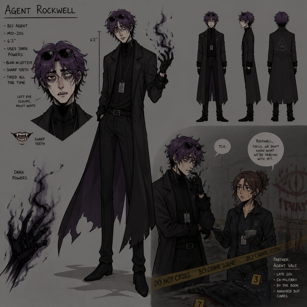 Comic Anime Agent Rockwell very poof up messy hair half side a lot longer and drooped down he has purple hair with black tips,red eyes,sharp teeth,sunglasses on head,he was made in a secret facility suppose to be a emotionless human but he really cares for his partner just doesn’t say anything ,has dark powers,great agent detective takes job seriously and is really good at it,in his mid 20s left eye blind,tall, thin, and really tiered mischievous and reckless, likes joking to hide his exhaustion,coffee and messing with his partner hates it when someone tells him he should go get sleep or stop this stop that is scary when angry and his partner is the only one to sometimes get him to listen and isn’t scared of him,his partner looking annoyed but also concerned about him but trying to take this case seriously they are talking about the crime scene and what could have happened