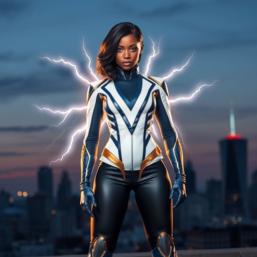 African American female superhero with shoulder length hair in a side part style and wings made of white lightning wearing a slightly homemade  white blue and black suit with black pants with a stylized V as her chest emblem wearing blue flat boots made of gold standing in Philadelphia at dusk