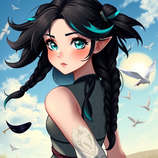 A young female with fair skin and vibrant teal eyes. Black hair with cyan tips in the form of two short braids. Wearing a goddess two-piece outfit (top and trousers) sitting on a hill watching pigeons fly from a very far distance
