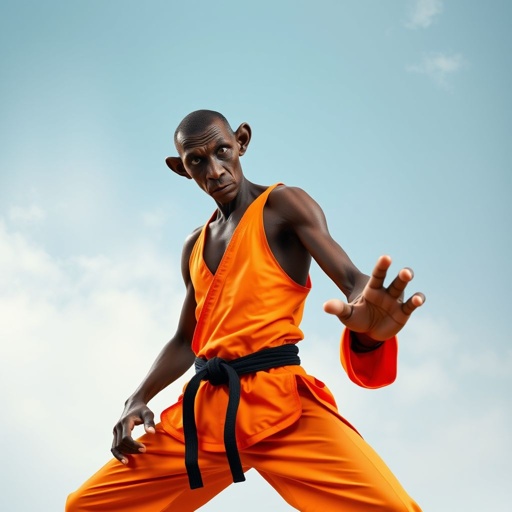 Create a character who looks like a funny African karate guy who doesn’t have a clue what he is doing. Make him have weird toes, only speedos on and a black karate belt. Make him tal skinny and slinky.