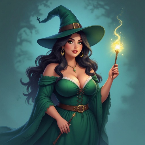 A curvey plus size witch with long hair and a very dark green or blue witch hat that matches with her dress with a wand in her hand