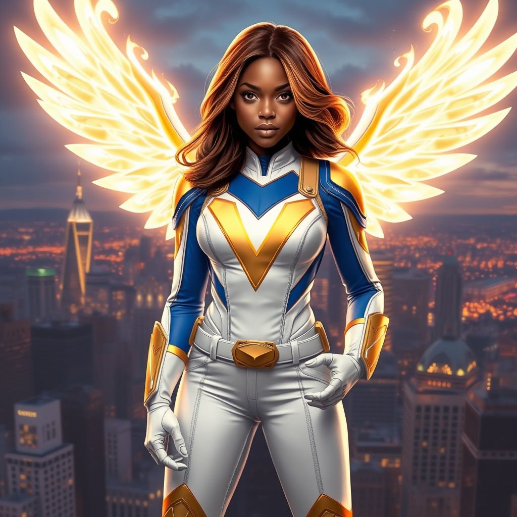 A teenage African American female superhero with brown hair with gold highlights in a shoulder length side part hairstyle with pure Gold Glowing eyes wearing a white suit with gold and royal blue with white pants and gold and white knee length boots with a utility belt with a gold V as her chest emblem with glowing wings made of white fire in Philadelphia