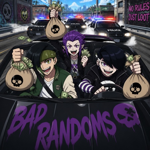 Kenji, Mortis and Edgar from brawl stars wearing modern clothes, driving in a car with money, there excited, cops are chasing them in cop cars