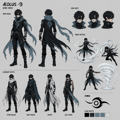 Male superhero with wind powers, mask, emo, multiple of the same character 