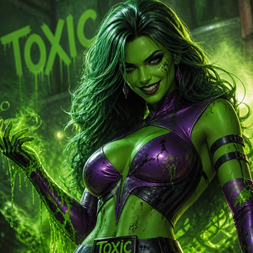 Her name is TOXIC, she is gorgeous woman with green skin different colors outfit, she is a super villain, mad over her mouth 