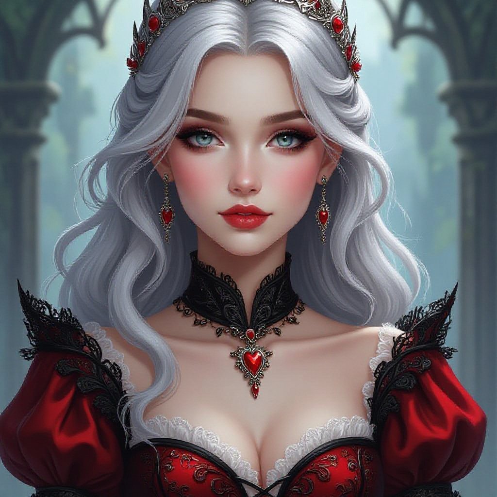 Princess. Silver hair. Grey eyes. Pale skin. Heart shaped face. Wearing a red and black dress.