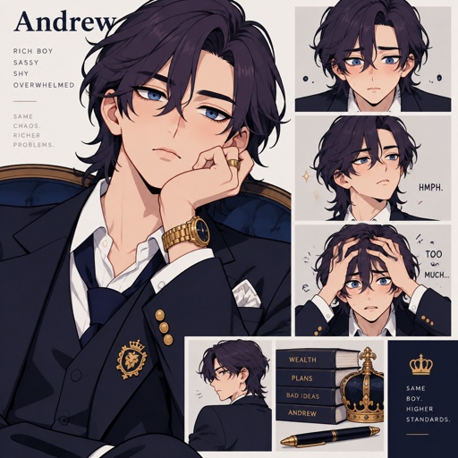 Male name Andrew, rich boy, isolated till he was 16, has neat neck long swooped on left side dark violet purple hair, deep beautiful Azure eyes,gives sassy look at people, shy, quiet, easily overwhelmed, only friend is his next door neighbors son whose name is jack the lead star of baseball team and jack has a girlfriend named rose