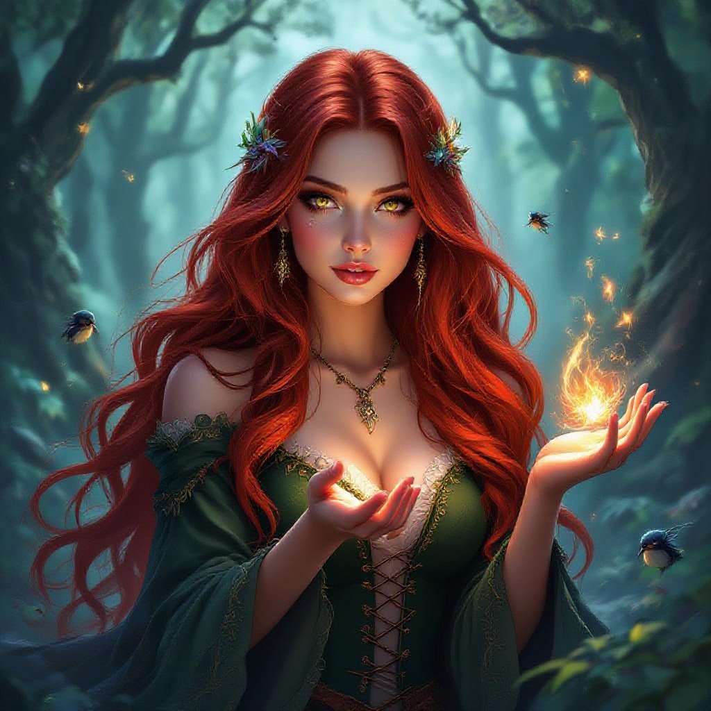witch with long shimmering red hair and skin with small creatures around her 