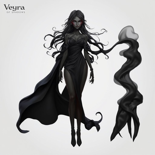 Create character hero Veyra of Shadows – A lithe, mysterious dark complexion woman draped in layered black silks that move like smoke around her. With jet-black hair. Show her whole body head to toe including her shoes.